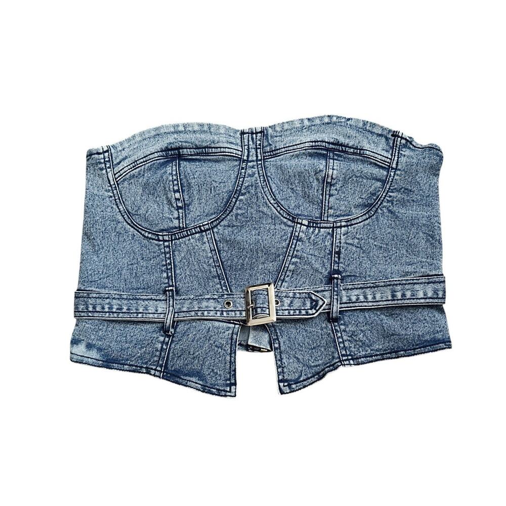 Thrill Jeans Strapless Denim Corset Top Size Large Blue Acid Wash Fitted Bustier